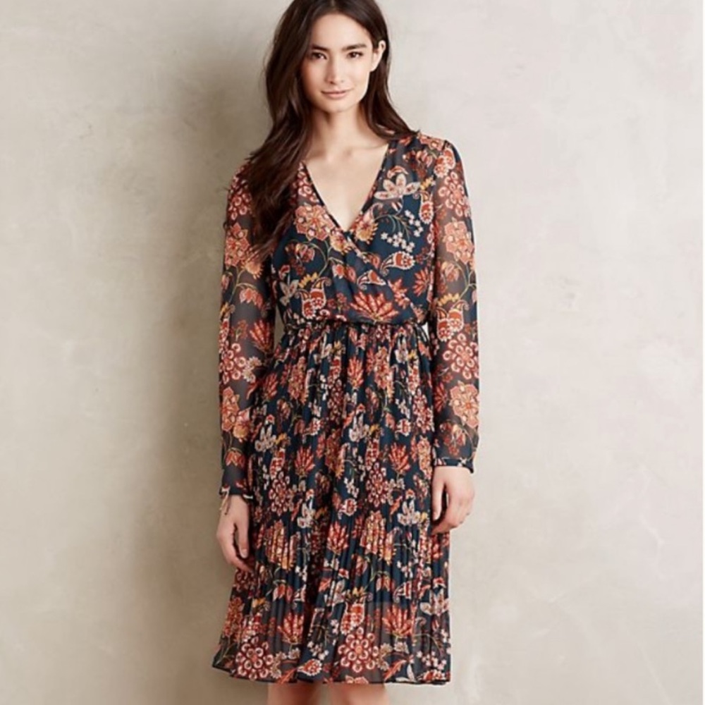 Maeve Anthropologie Apulia Pleated Midi Knee Length Dress Long Sleeve Floral XS